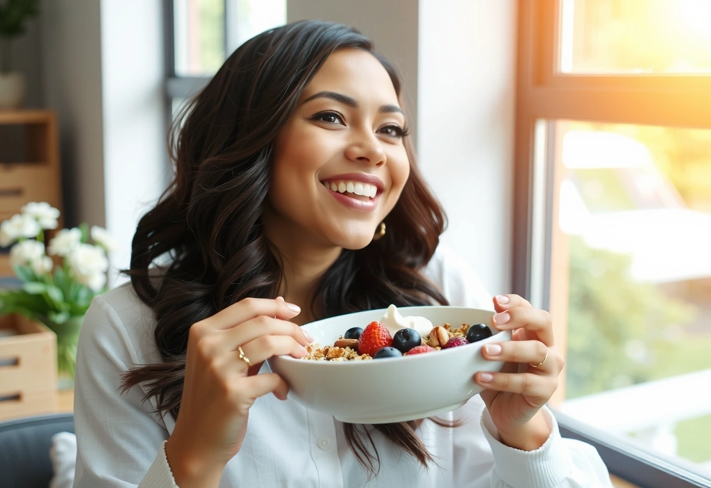 Donna che mangia una ciotola di frutta e yogurt