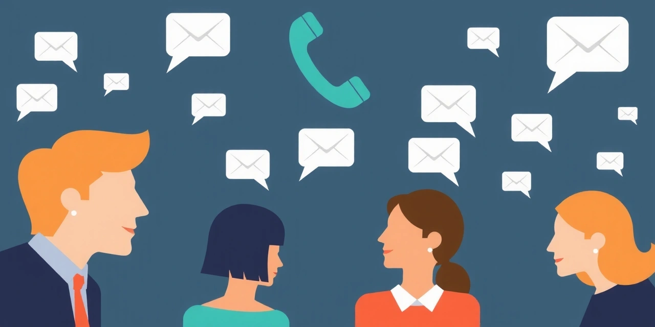 Illustrazione di persone che comunicano, con icone di email, telefono e messaggi che fluttuano attorno