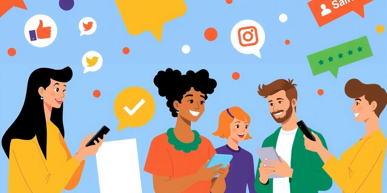 Persone che navigano sui social media con icone di like, condivisione e commenti